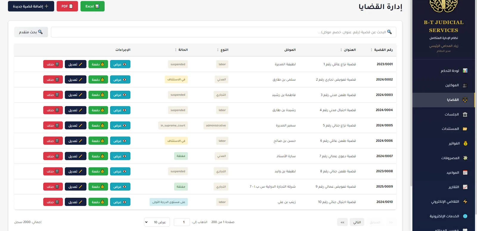 قائمة القضايا مع نوع كل قضية وحالتها