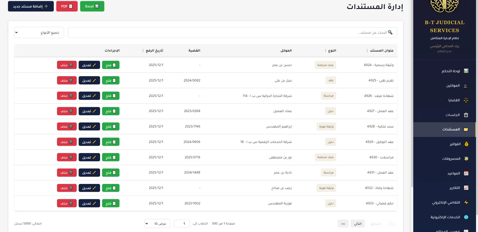 المستندات مصنفة حسب النوع ومربوطة بالقضايا